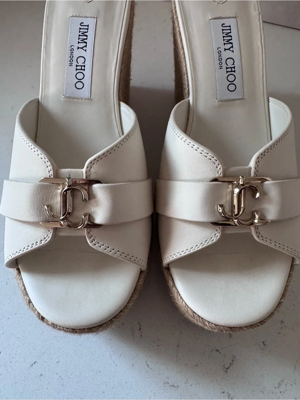 Jimmy Choo Leda Cream Leather Espadrille Wedge Sandals NIB